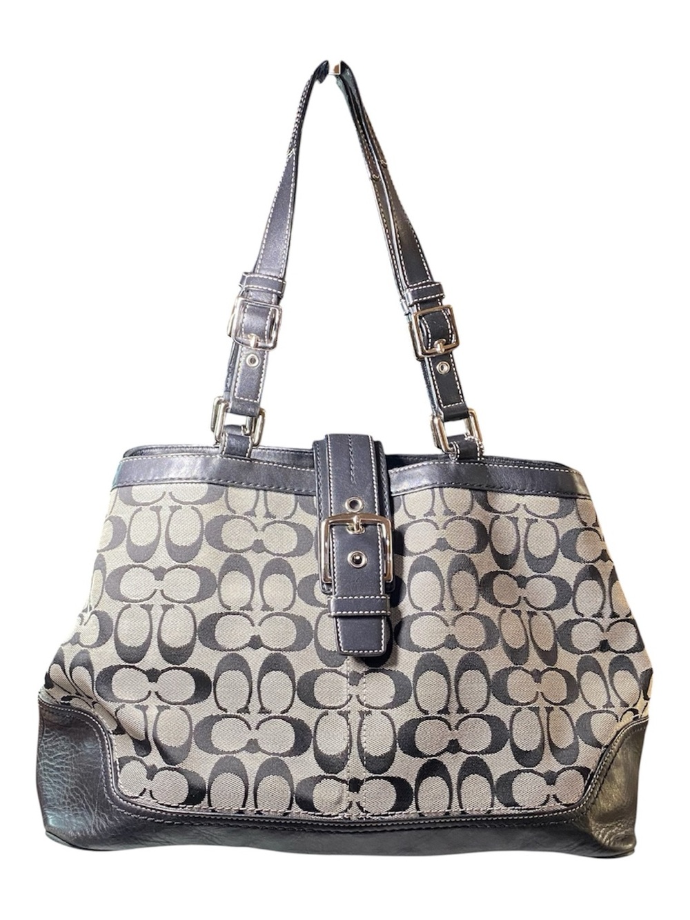 Coach Hampton Signature Shoulder Bag Cream Black Jacquard Leather Trim 2008